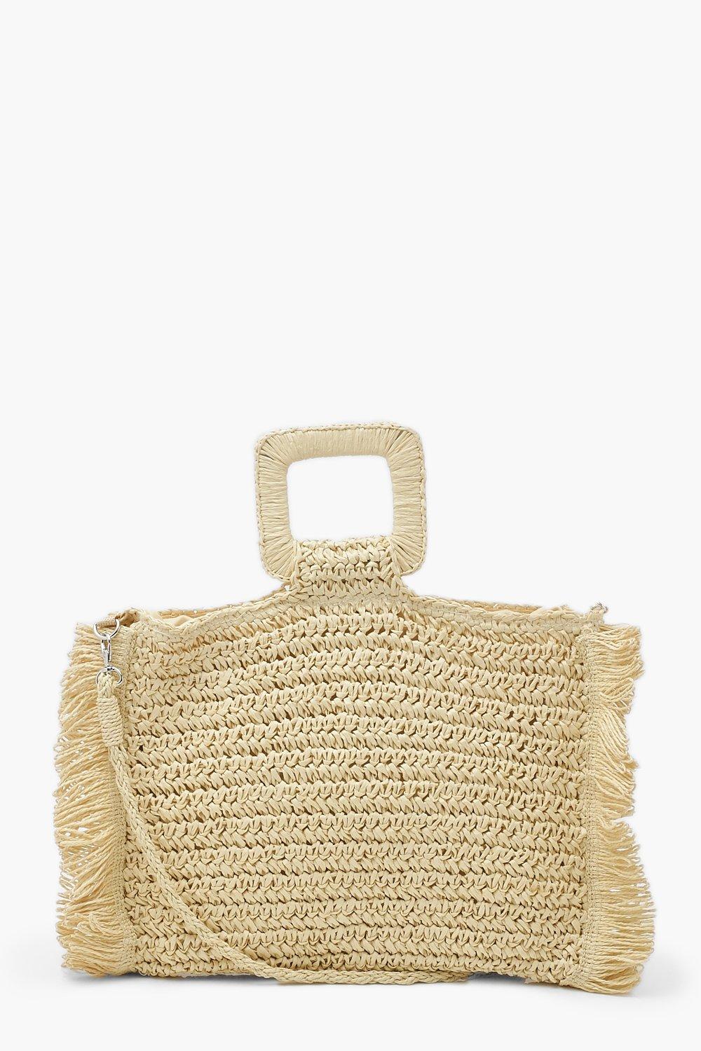 Womens Fringe Straw Bag - Beige - One Size, Beige